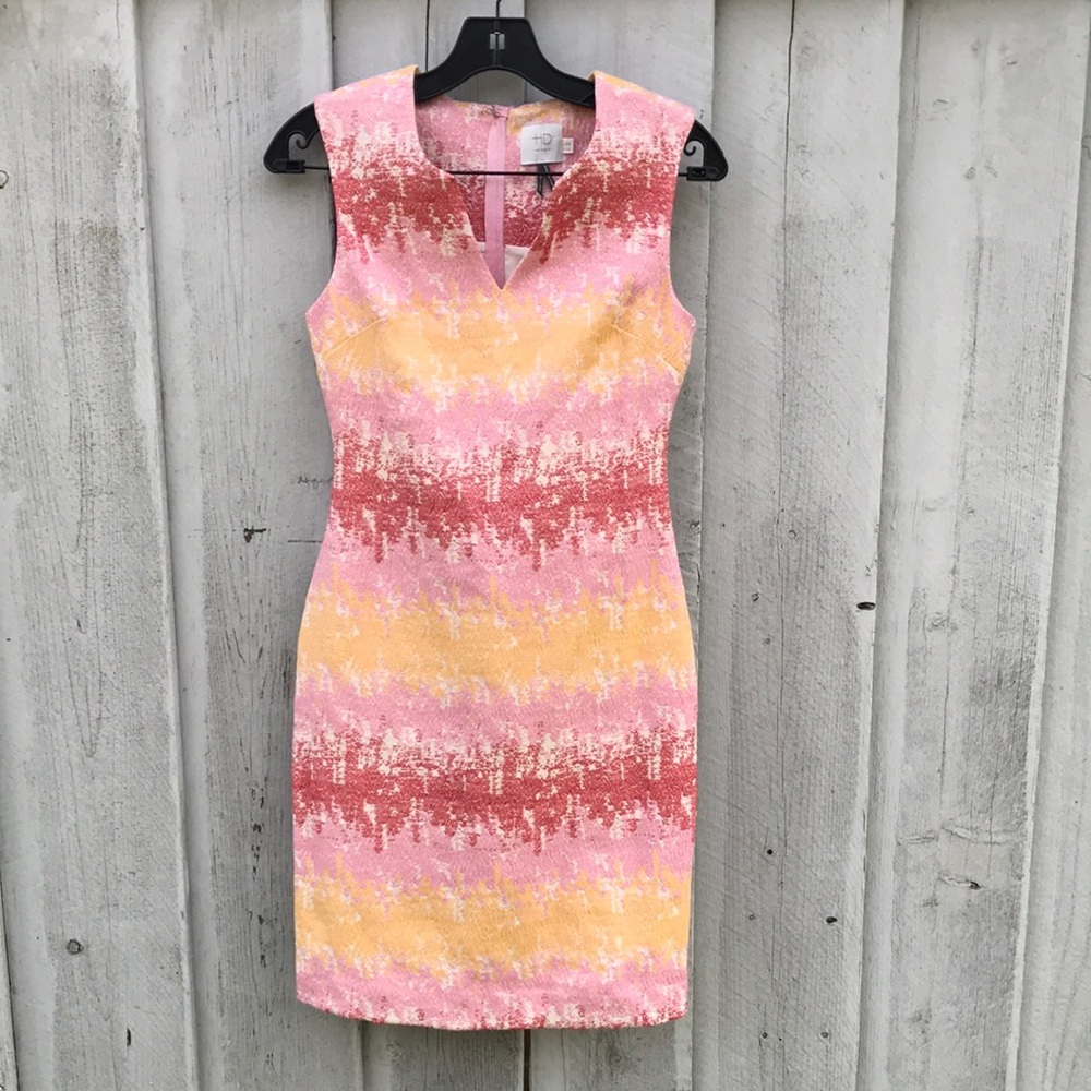 Anthropologie HD Paris Pink and Yellow V-Neck Sheath Dress- size 00